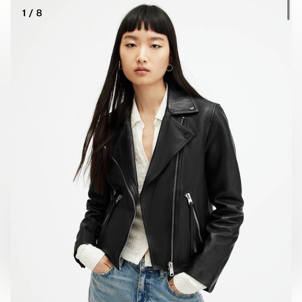 All Saints Dalby Leather Biker Jacket in black. Size 4. Pristine condition.